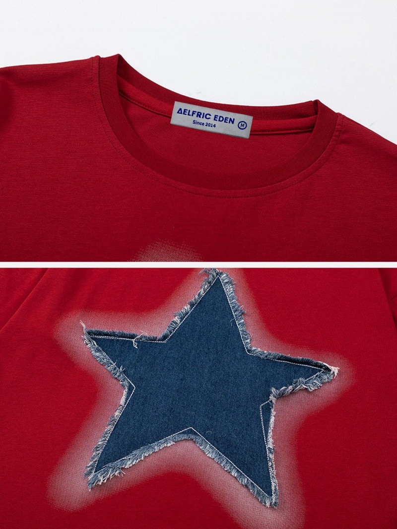 T Shirts Aelfric Eden Embroidery Denim Star Tee Grise Vert | CNM-80574835